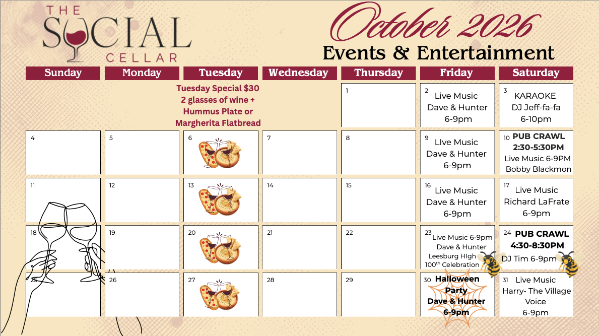 The Social Cellar October 2026 Events & Entertainment Calendar